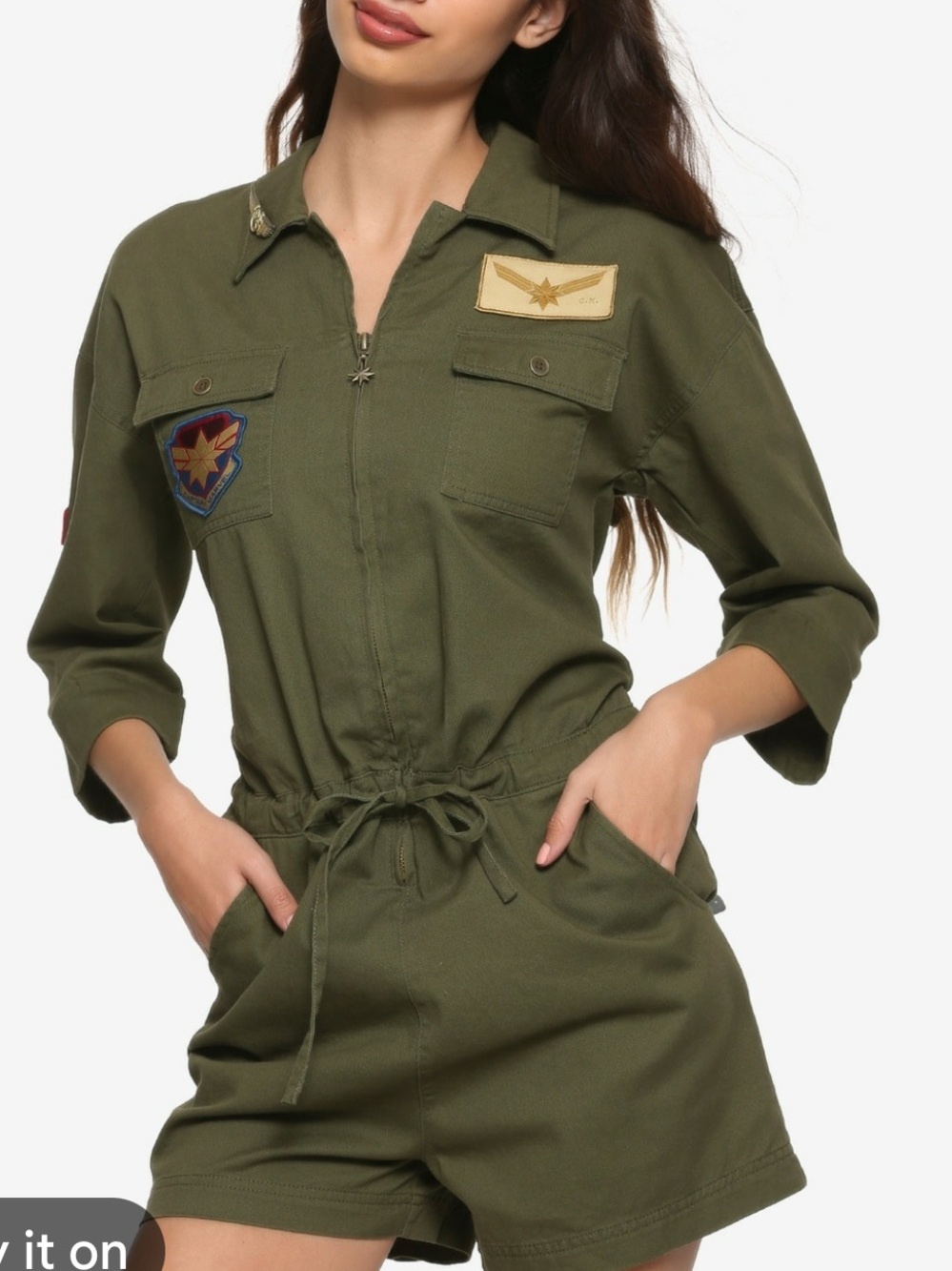 Her universe captain Marvel Olive Green Utility Short Jumpsuit with Patches